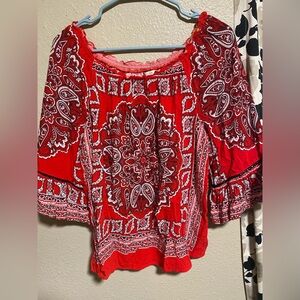 Red Paisley Off-Shoulder Tunic Top